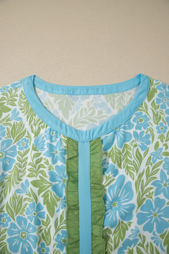 Floral Print Ruffled Color Block Trim Half Sleeve Blouse – Rose
