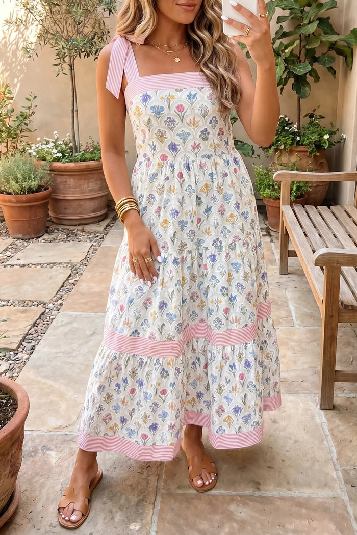 Floral Print Striped Detail Knot Straps Maxi Dress – Multicolour