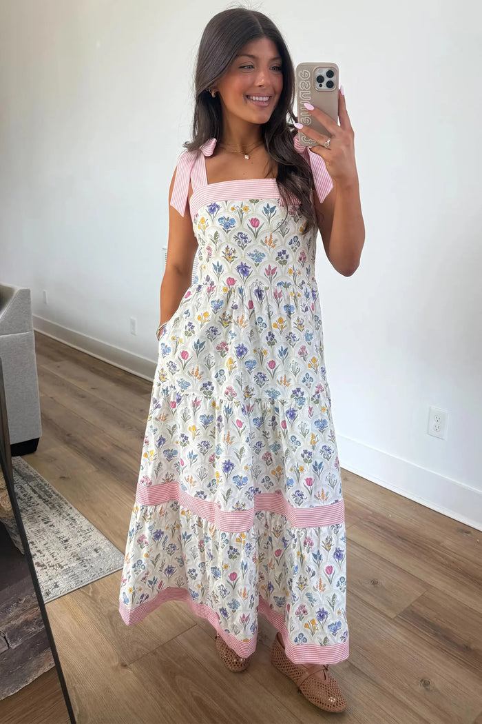 Floral Print Striped Detail Knot Straps Maxi Dress – Multicolour