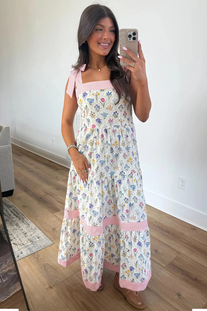 Floral Print Striped Detail Knot Straps Maxi Dress – Multicolour