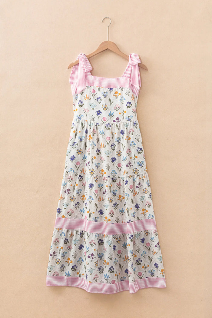 Floral Print Striped Detail Knot Straps Maxi Dress – Multicolour
