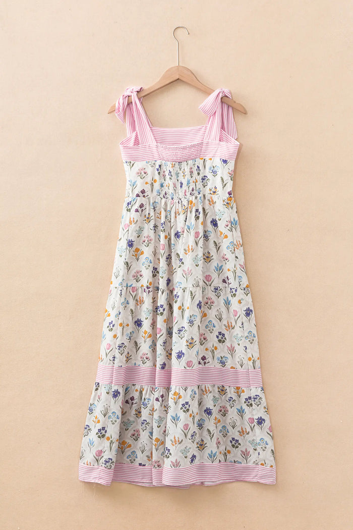 Floral Print Striped Detail Knot Straps Maxi Dress – Multicolour