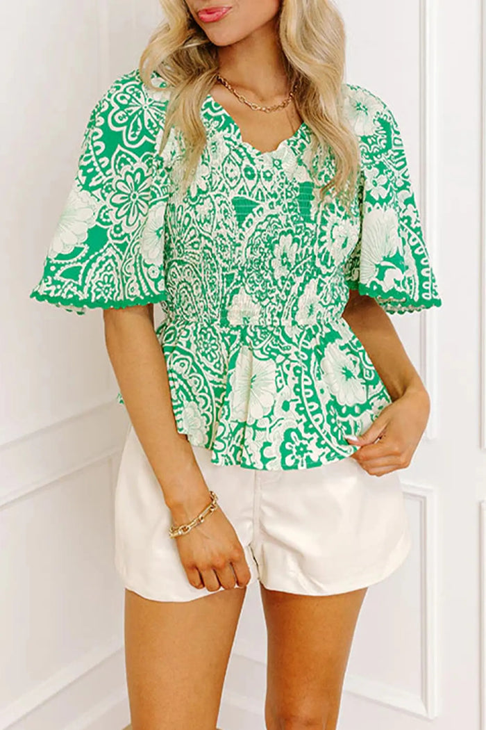 Floral Smocked Ruffle V-Neck Blouse – Green