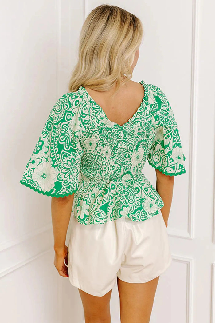 Floral Smocked Ruffle V-Neck Blouse – Green