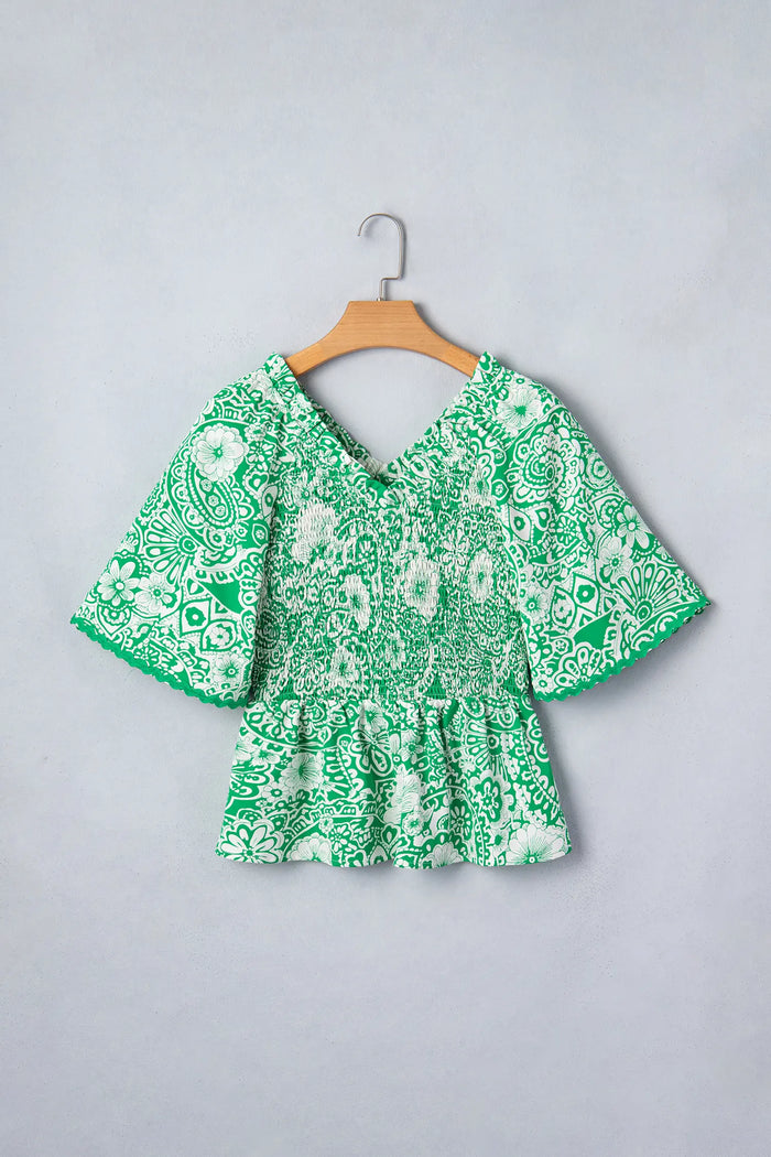 Floral Smocked Ruffle V-Neck Blouse – Green