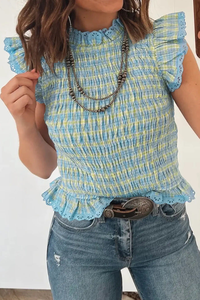 Gingham Smoked Lace Trim Tank Top – Multicolour