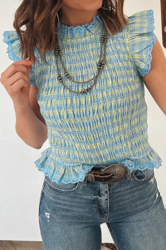 Gingham Smoked Lace Trim Tank Top – Multicolour
