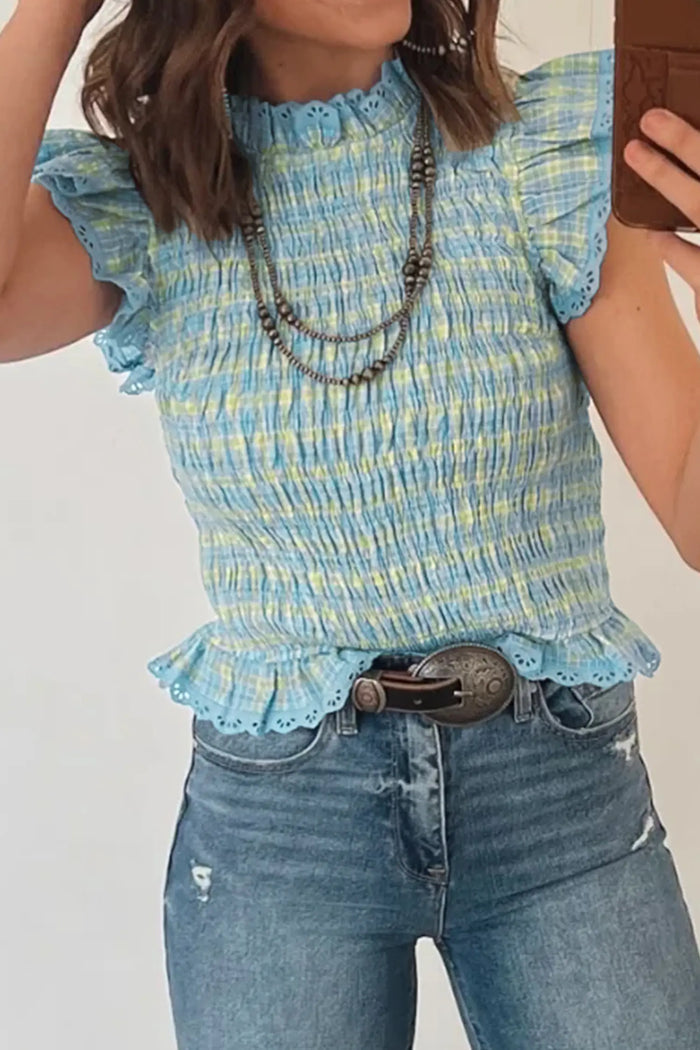 Gingham Smoked Lace Trim Tank Top – Multicolour