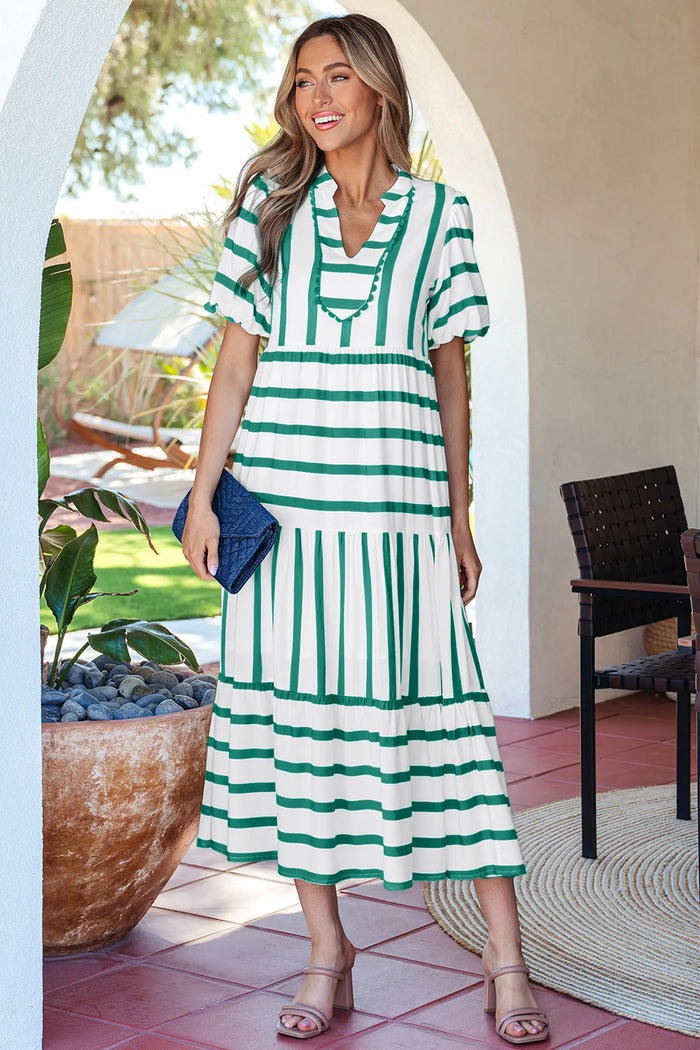 Green Stripe Ricrac Trim Notched Neck Vacation Midi Dress
