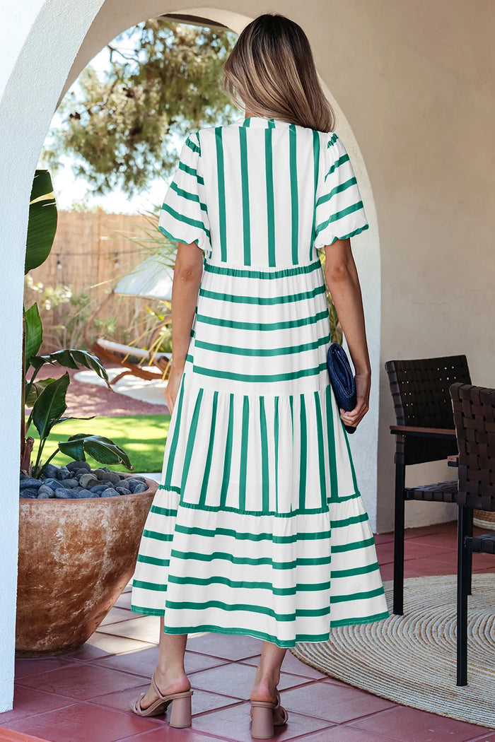 Green Stripe Ricrac Trim Notched Neck Vacation Midi Dress