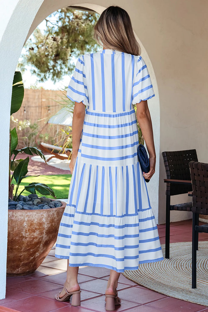 Green Stripe Ricrac Trim Notched Neck Vacation Midi Dress