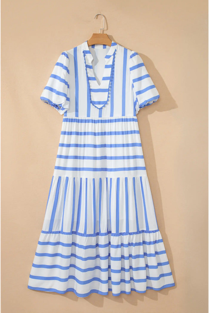 Green Stripe Ricrac Trim Notched Neck Vacation Midi Dress