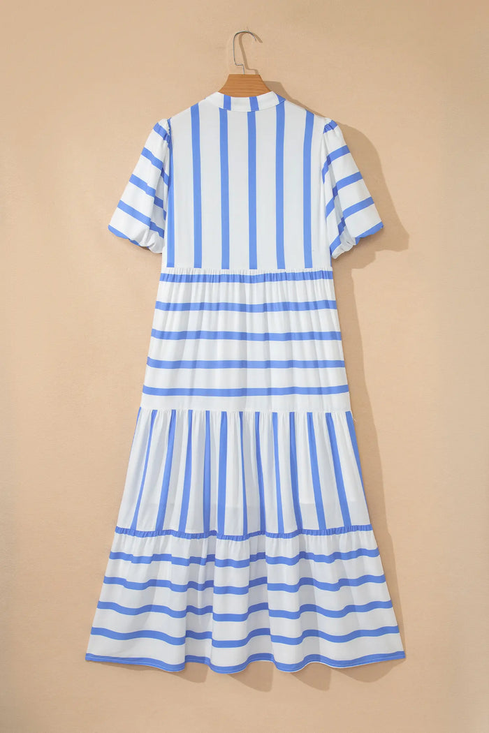 Green Stripe Ricrac Trim Notched Neck Vacation Midi Dress