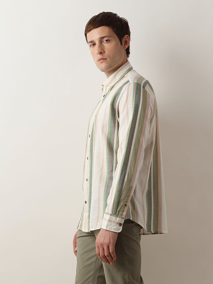 Green Striped Linen Full Sleeves Shirt