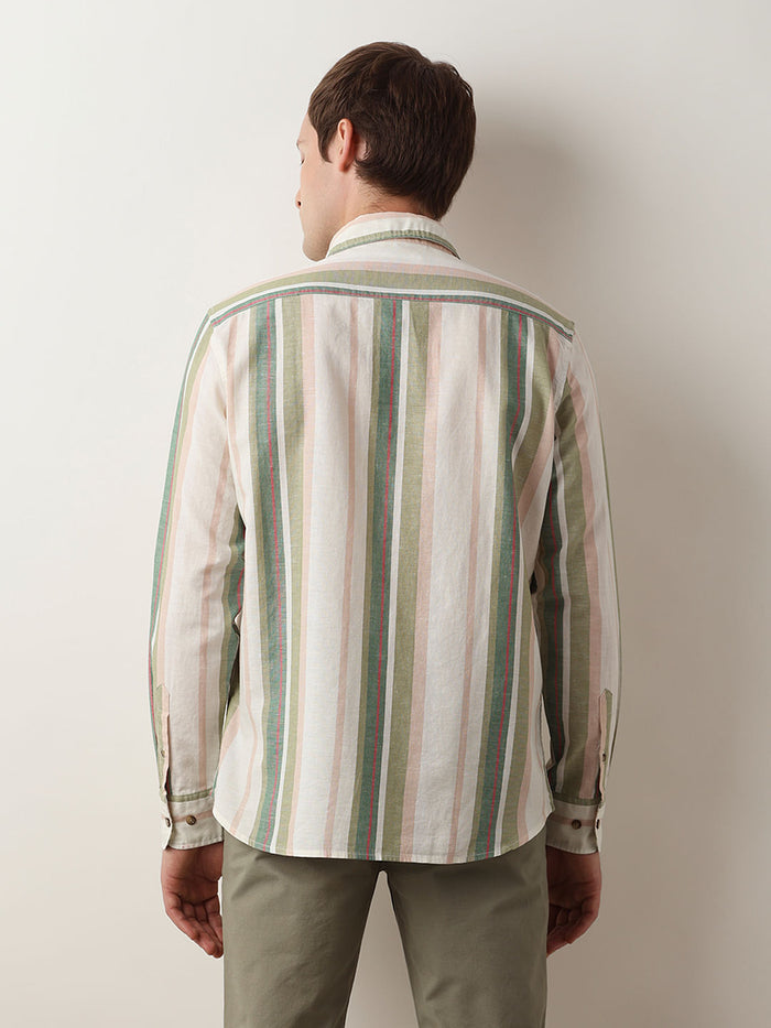 Green Striped Linen Full Sleeves Shirt