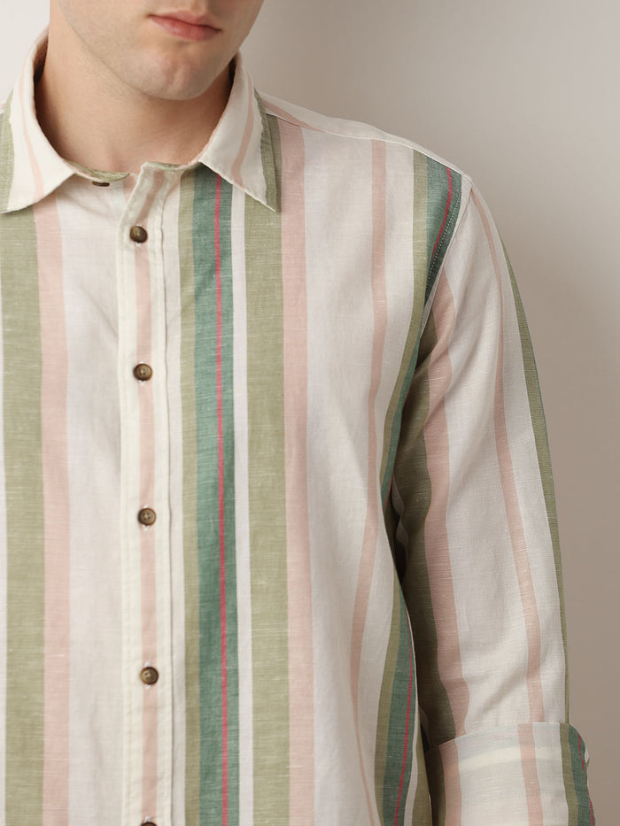 Green Striped Linen Full Sleeves Shirt