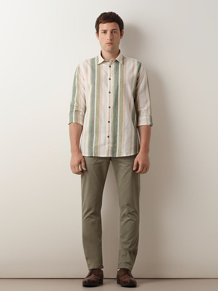 Green Striped Linen Full Sleeves Shirt
