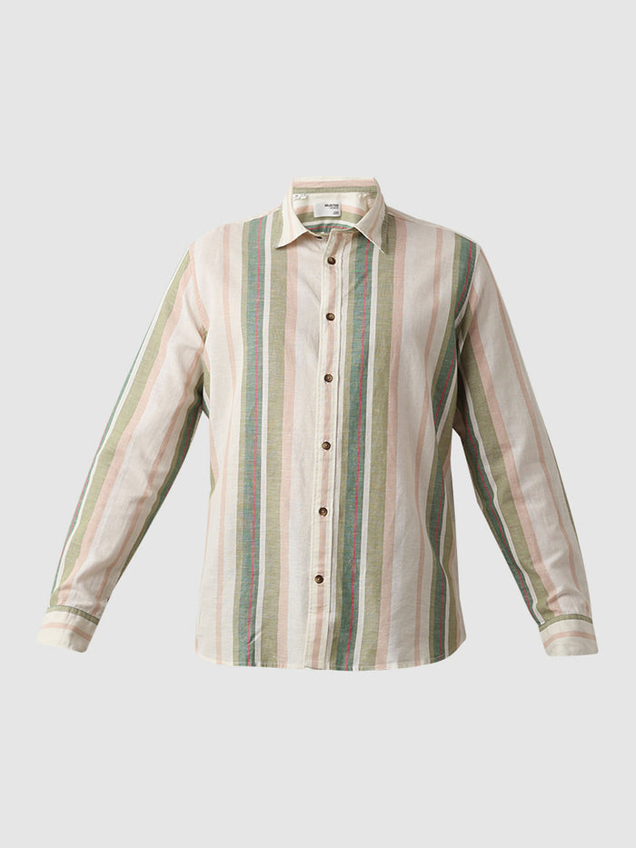 Green Striped Linen Full Sleeves Shirt