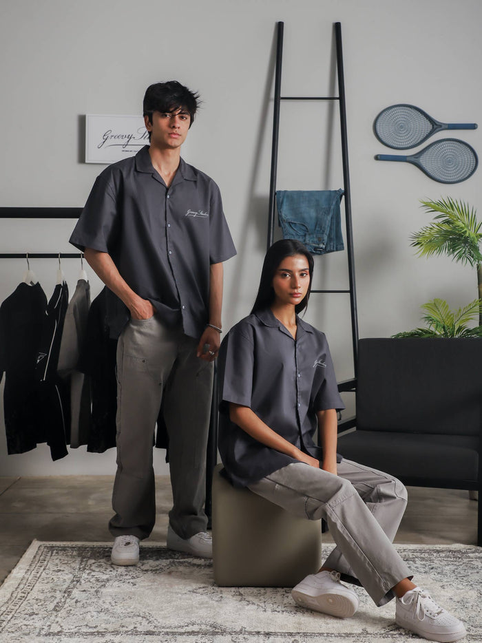 Grey Cuban shirt male model back view full body Pakistan – GROOVY