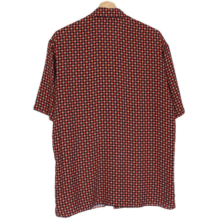 Gucci silk short sleeve bowling shirt in red and navy blue houndstooth pattern.