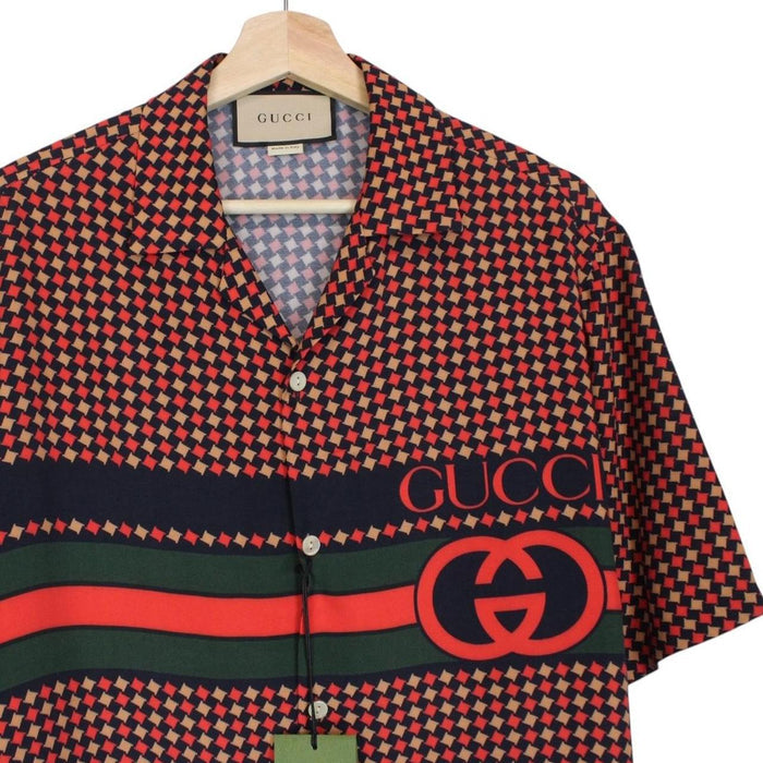 Gucci silk short sleeve bowling shirt in red and navy blue houndstooth pattern.