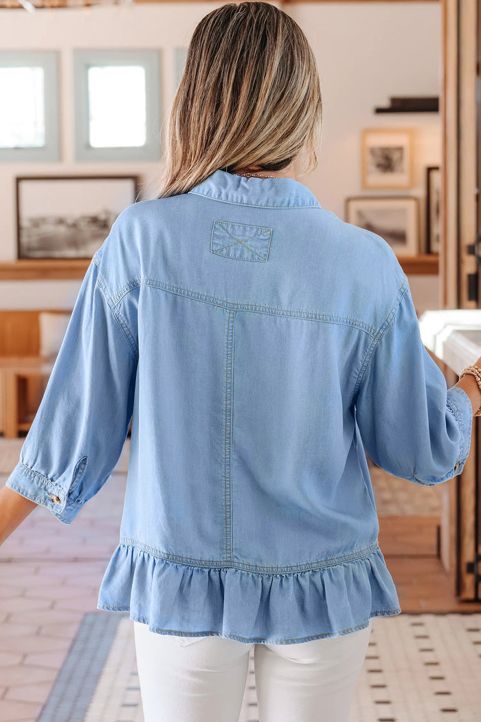 Half Sleeve Button-Down Ruffle Hem High-Low Chambray Shirt – Blue