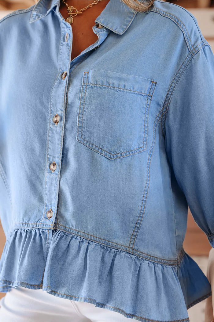 Half Sleeve Button-Down Ruffle Hem High-Low Chambray Shirt – Blue