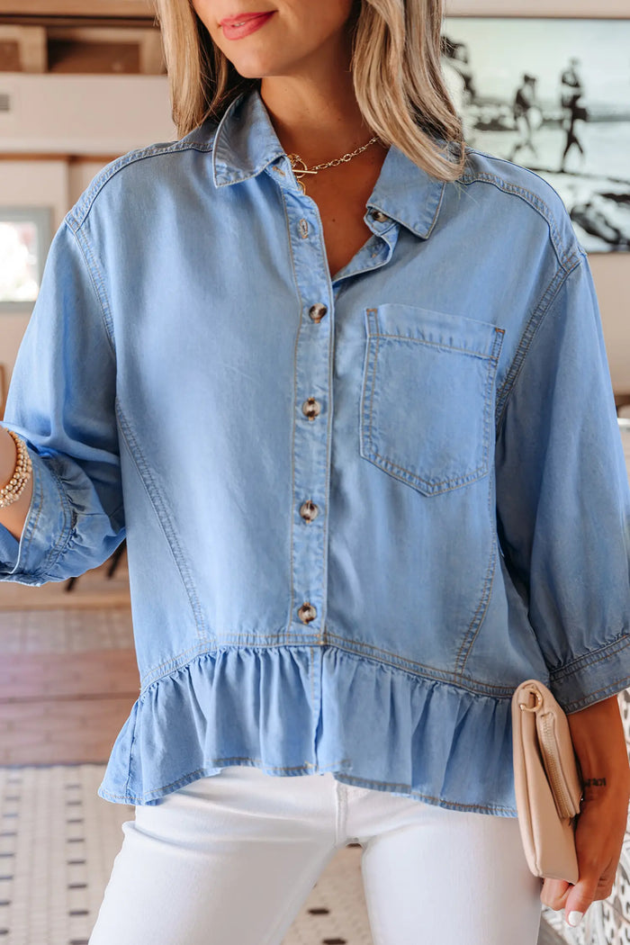 Half Sleeve Button-Down Ruffle Hem High-Low Chambray Shirt – Blue