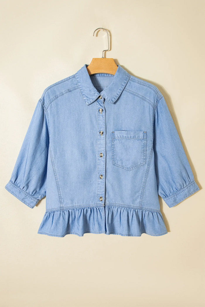 Half Sleeve Button-Down Ruffle Hem High-Low Chambray Shirt – Blue