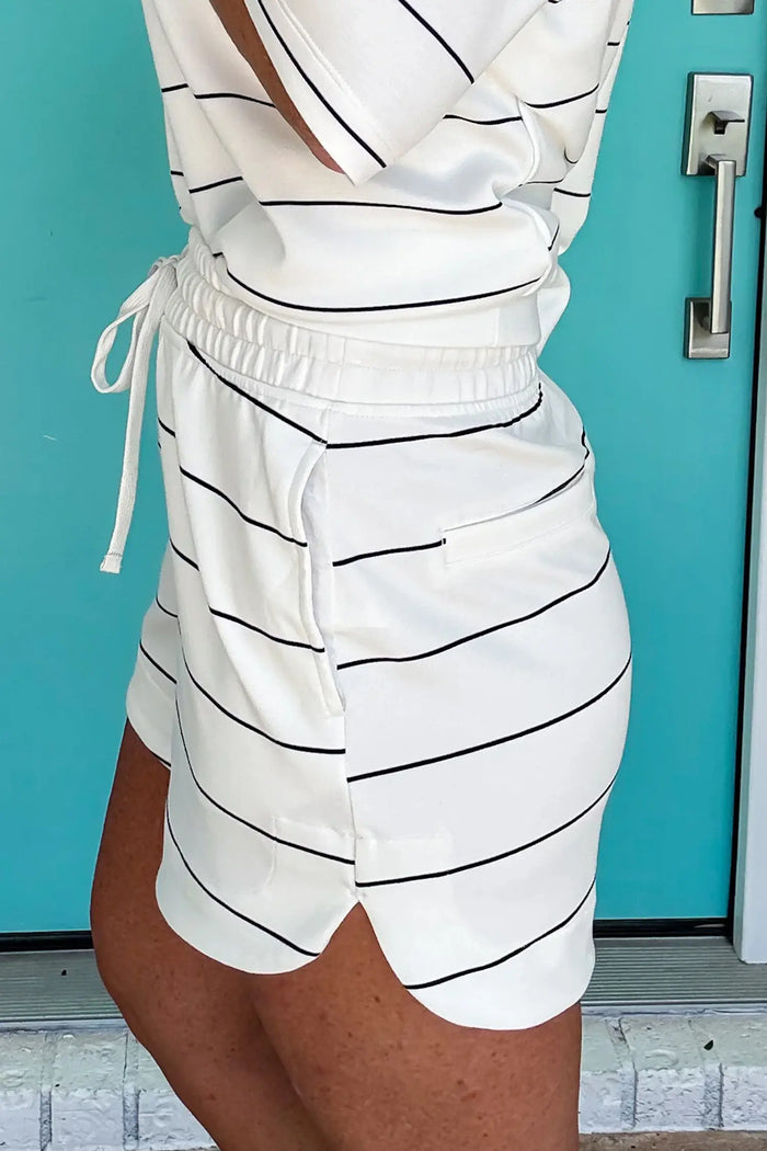 Half Sleeve Tee Drawstring Shorts 2pcs Set – White Stripe