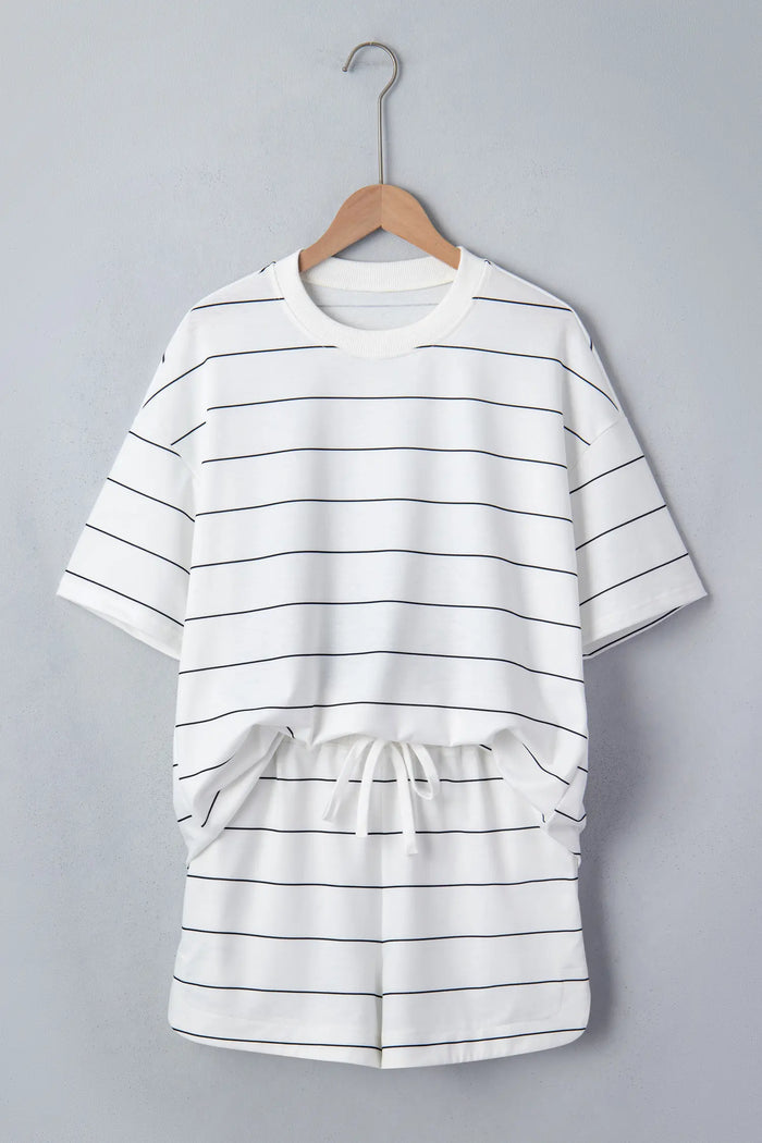 Half Sleeve Tee Drawstring Shorts 2pcs Set – White Stripe
