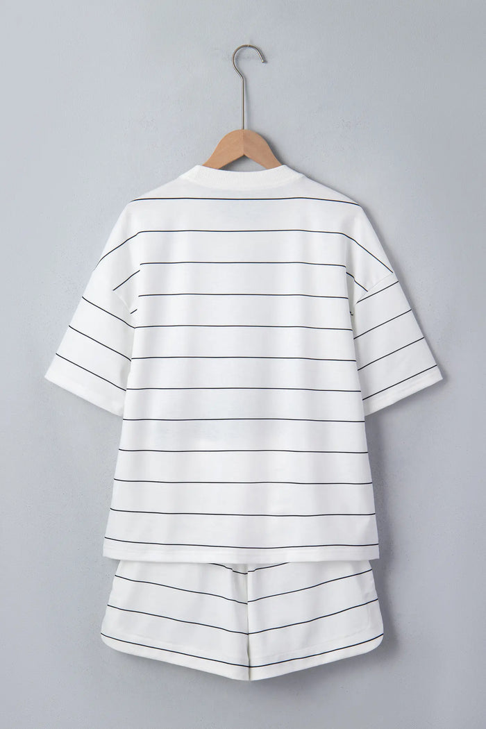 Half Sleeve Tee Drawstring Shorts 2pcs Set – White Stripe