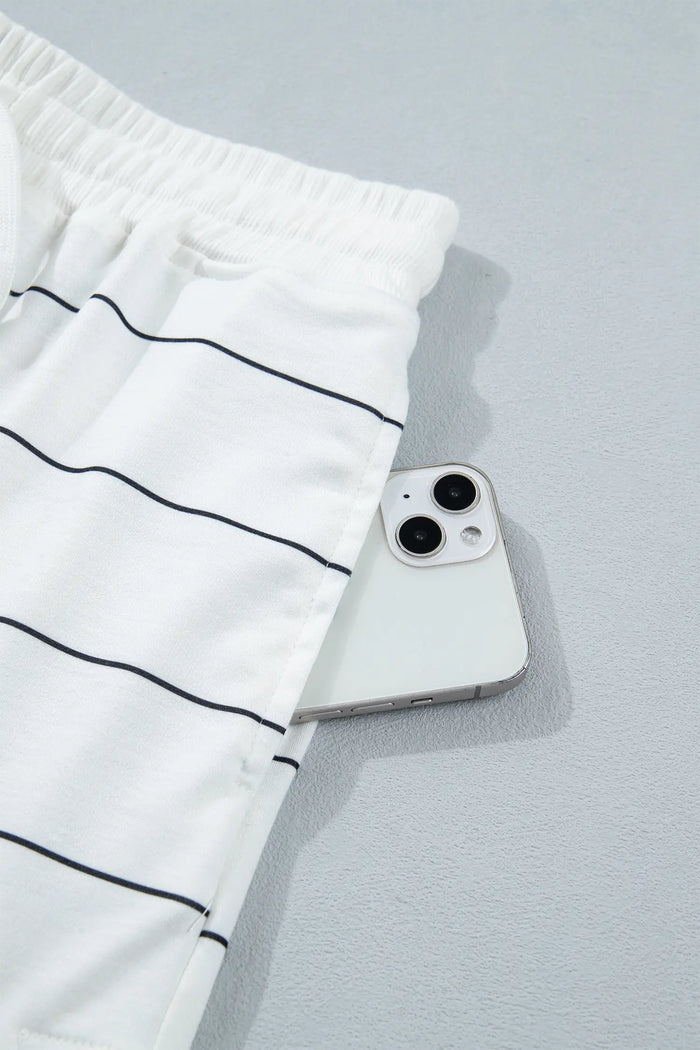 Half Sleeve Tee Drawstring Shorts 2pcs Set – White Stripe