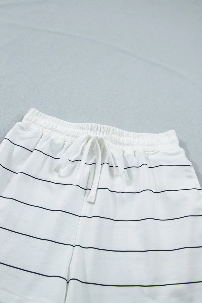 Half Sleeve Tee Drawstring Shorts 2pcs Set – White Stripe