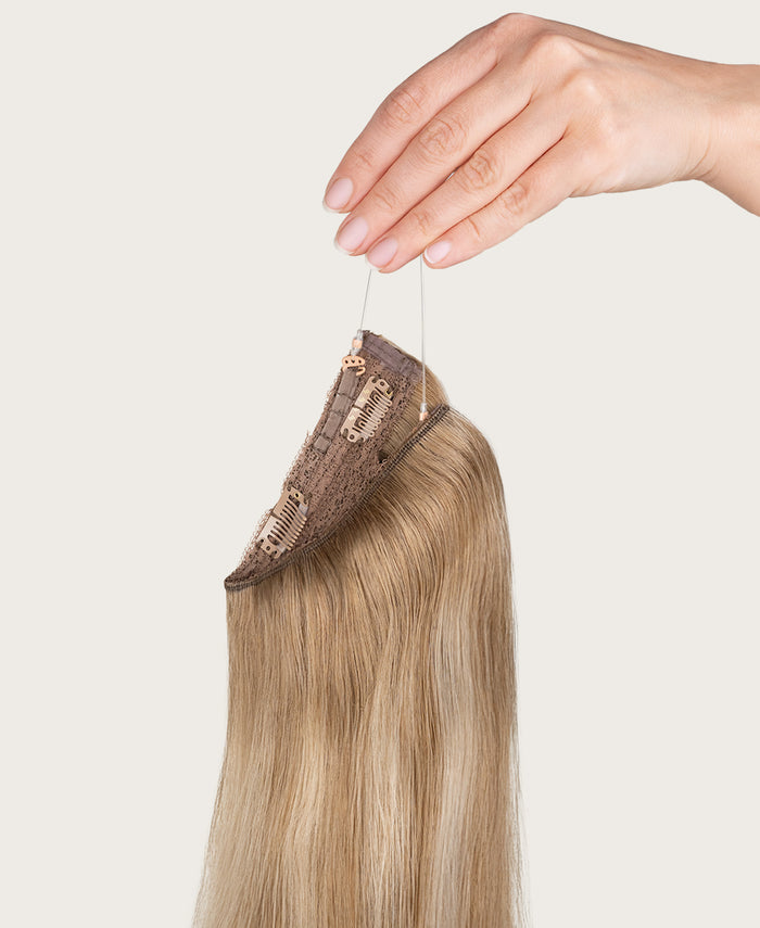halo one-step hair extensions rooted blonde highlights.