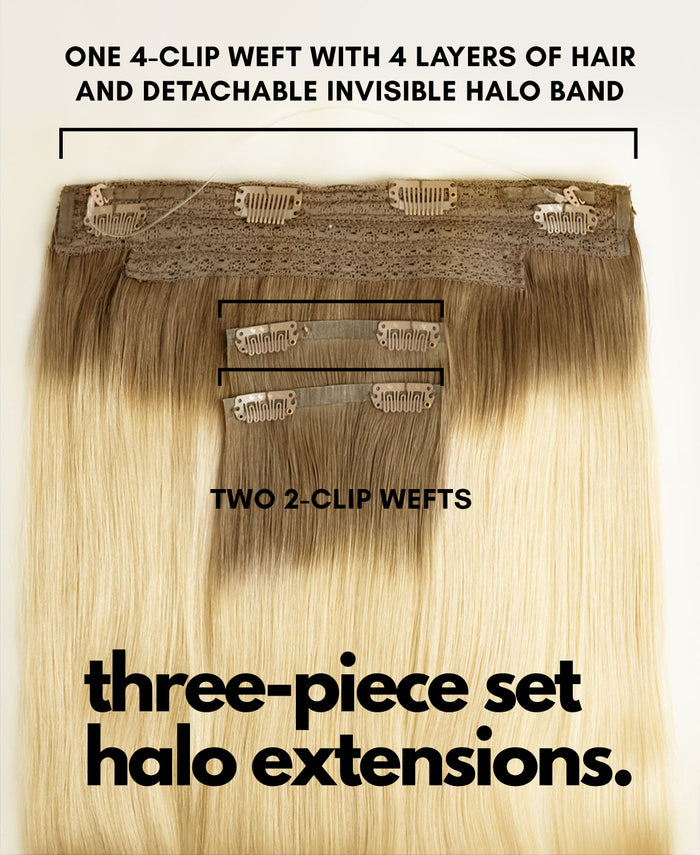 halo one-step hair extensions rooted blonde.