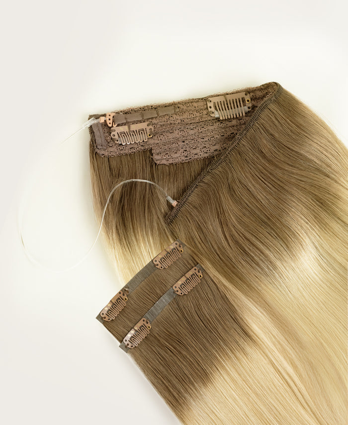 halo one-step hair extensions rooted blonde.