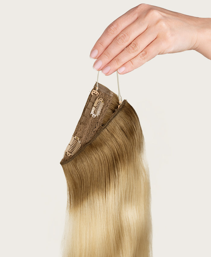halo one-step hair extensions rooted blonde.