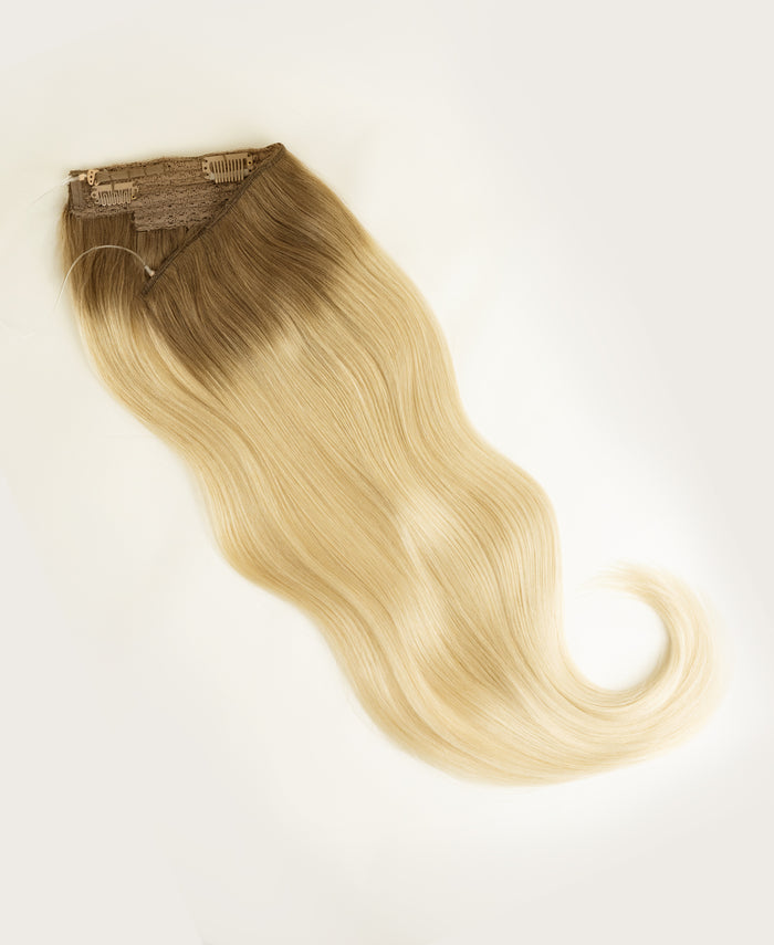 halo one-step hair extensions rooted blonde.