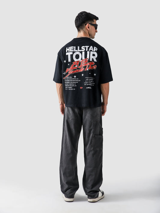 Hell Star Black Washed Graphic Tee Male Model Front View – GROOVY Pakistan