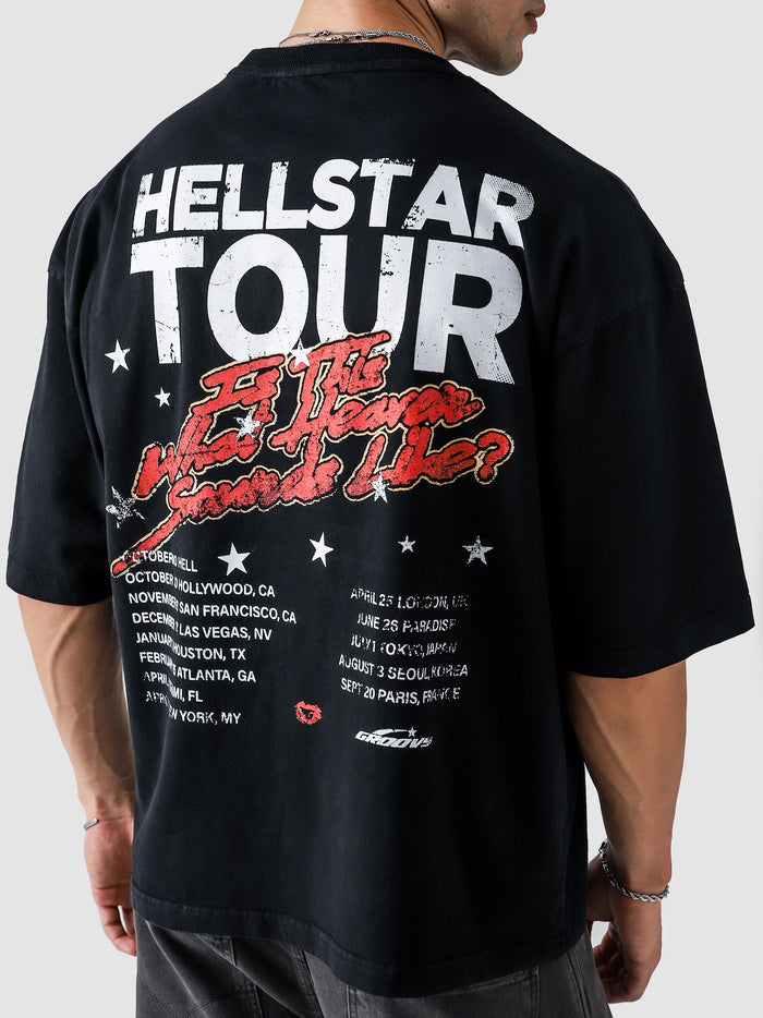 Hell Star Black Washed Tee Male Model Back View – GROOVY Pakistan