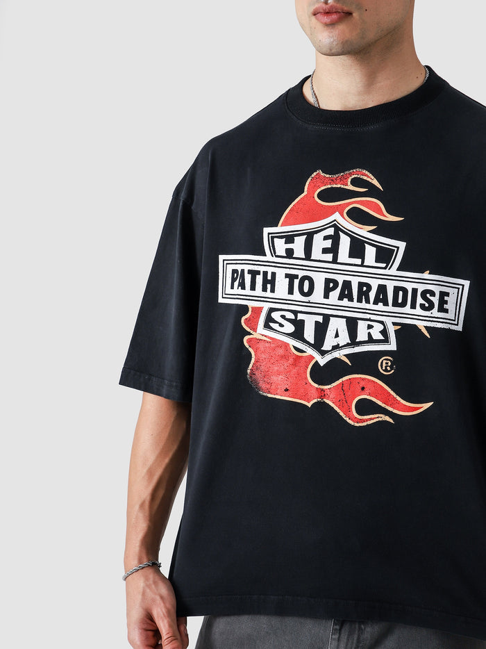 Hell Star Black Washed Tee Male Model Side View – GROOVY Pakistan