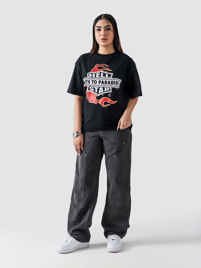 Hell Star Black Washed Tee Female Model Front View – GROOVY Pakistan