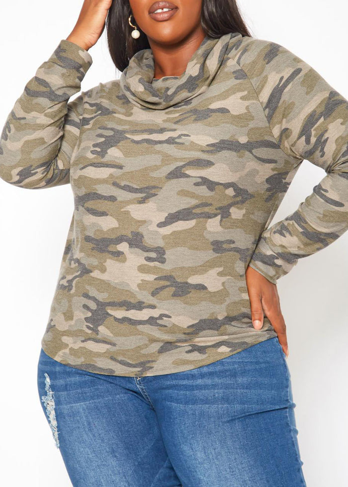 Hi Curvy Plus Size Camo Pattern Funnel Neck Sweater