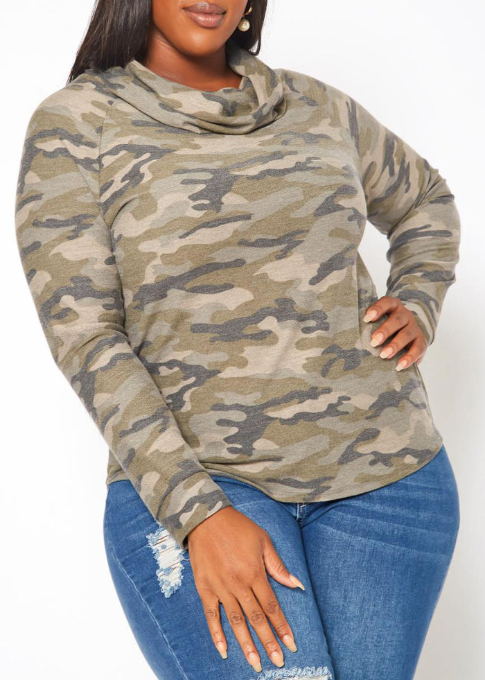 Hi Curvy Plus Size Camo Pattern Funnel Neck Sweater