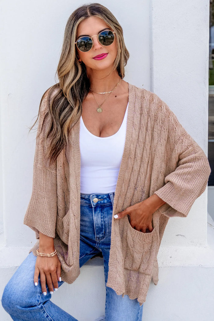 Hollowed Pattern Knit Drop Shoulder Open Sweater Cardigan – Old Rose