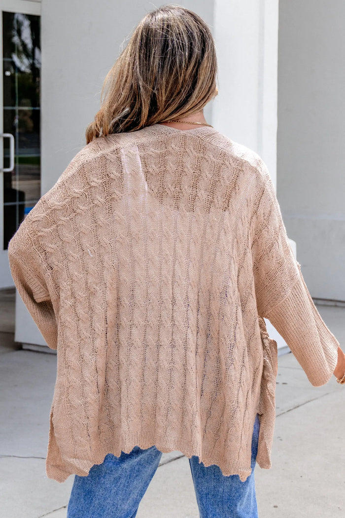 Hollowed Pattern Knit Drop Shoulder Open Sweater Cardigan – Old Rose