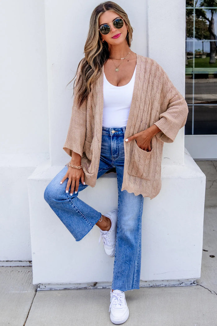 Hollowed Pattern Knit Drop Shoulder Open Sweater Cardigan – Old Rose