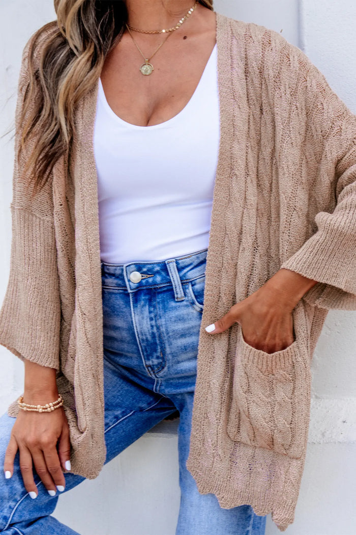 Hollowed Pattern Knit Drop Shoulder Open Sweater Cardigan – Old Rose