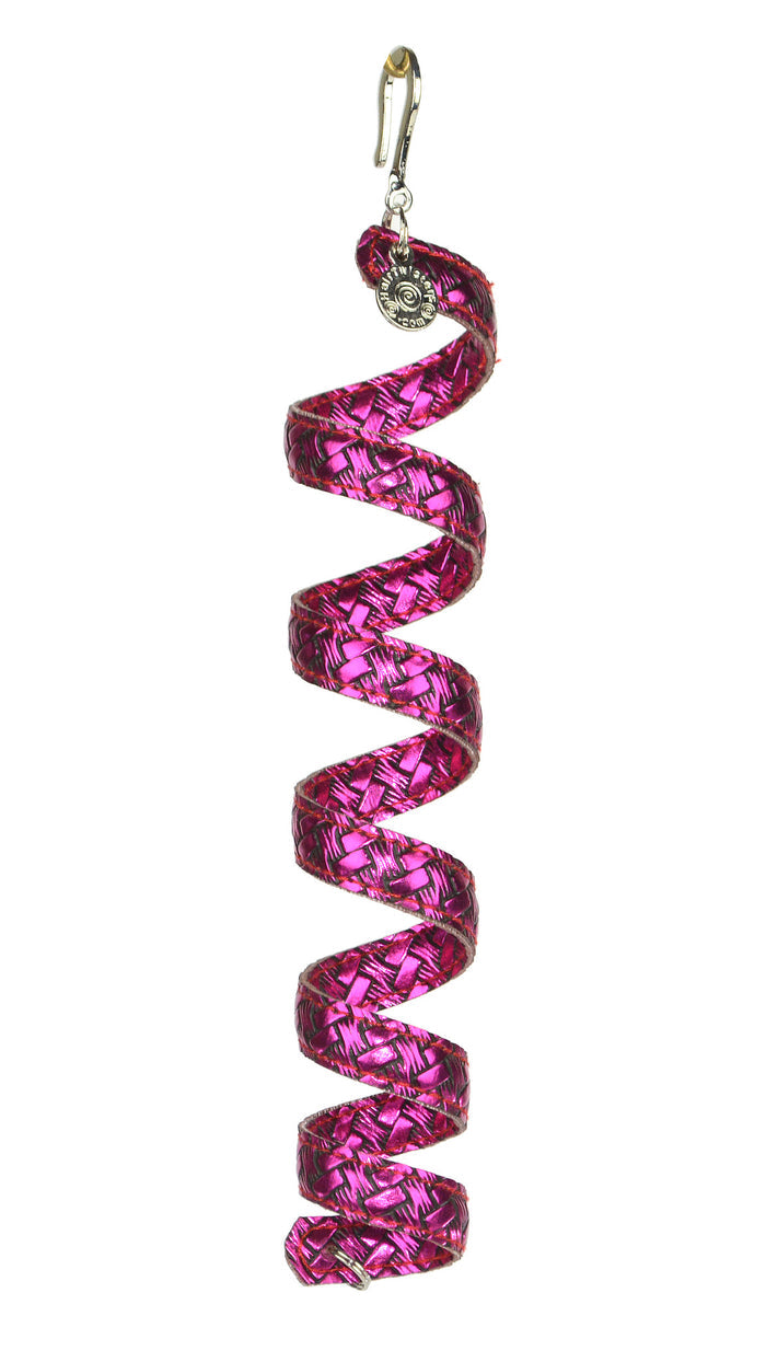 Hot pink woven leather spiral ponytail wrap, 6 inch, front view